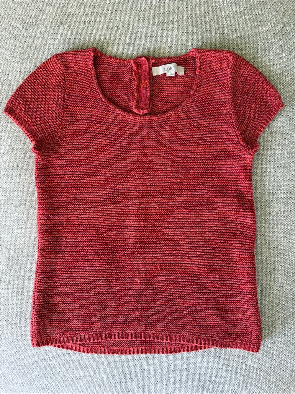 LOFT Ann Taylor Red Textured Knit Short Sleeve Sweater Top Cotton Wool Blend S